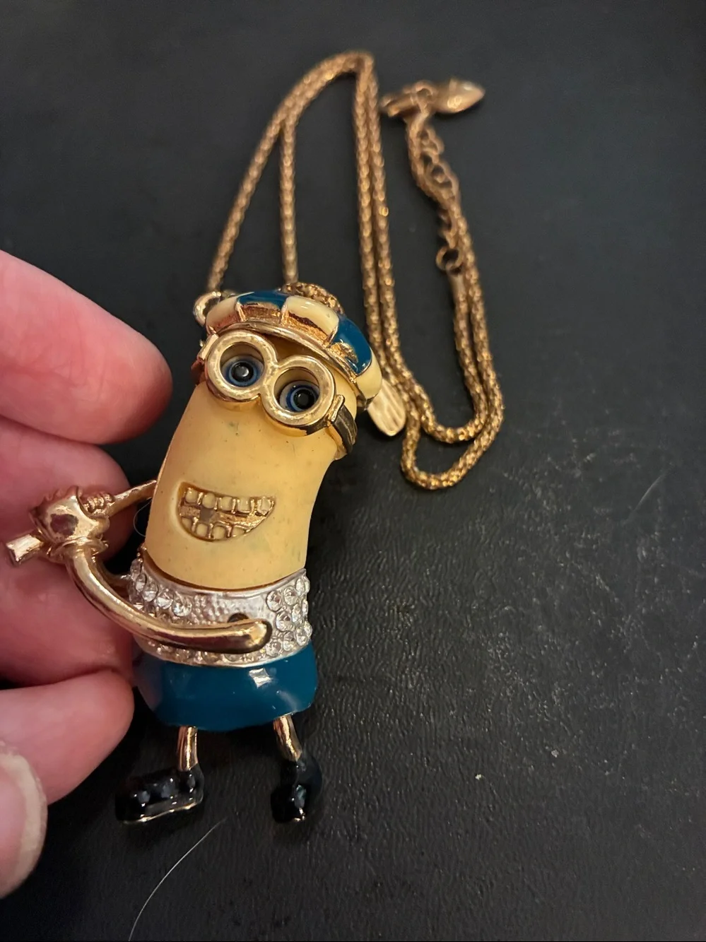 Minion Golfer Pendant Necklace Gold-Tone in Yellow & Blue NWOT
